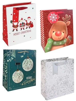 Set of 4 Medium Christmas Gift Bags with Handle & Tags Cute Traditional Designs - Image 1 of 2