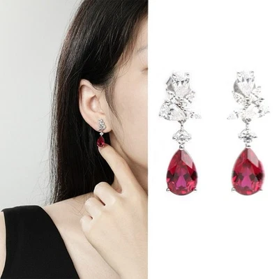 3.00 Ct Oval Cut Lab-Created Red Ruby & Diamond Earring Stud 18K White Gold Gift - Image 1 of 4