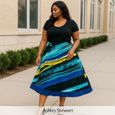 Falda Ashley Stewart Talla 14W Abstracta Línea A Midi Artística Vibrante Audaz Moderna Foto 1 de 4