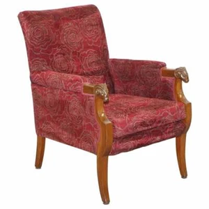 VINTAGE CARVED RAMS HEAD ARMCHAIR VINTAGE PIECE RED FLORAL UPHOLSTERY - Picture 1 of 12