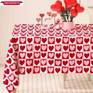 Valentine'S Day Rectangle Tablecloth Red Pink Heart Fabric Table Cloth Washable - Picture 1 of 7