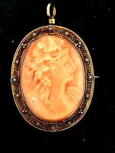 14k Antik Lachs Koralle Hochrelief Kamee Anhänger/Brosche - Bild 1 von 8