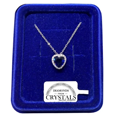 Collana Cuore Blu Notte Catenina pl. oro Bianco 18k con Cristalli Zirconi S/10 - Immagine 1 di 4