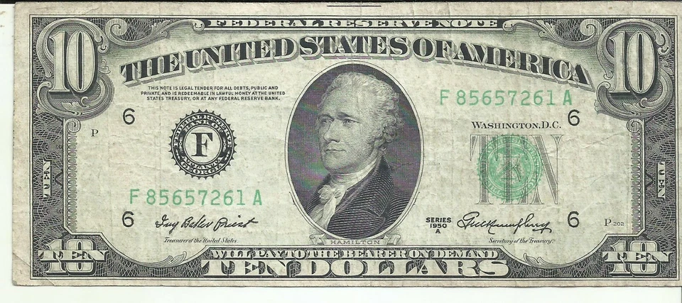 US 10$ DOLLAR BANKNOTE 1950  LETTER F.  VF CONDITION. 9RW 09AGO - Image 1 of 1