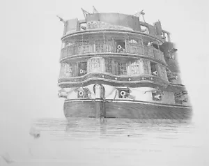 HMS ASIA Ship Stern 84 Guns Navarino Battle - 1830 Etching Print by E.W. Cooke - Picture 1 of 2