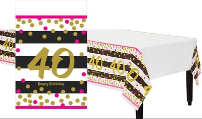 Pink and Gold 40th Birthday Table Cover ~ Milestone Fortieth Table Table Cloth - Image 1 of 4