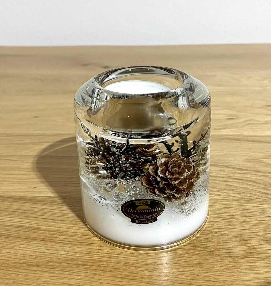 Gilde Dreamlight Glas Teelichthalter „Winter Story“NEU Silber Braun Weiß  8 cm - Bild 1 von 3