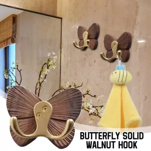 Butterfly Solid Wood Creative Walnut Traceless Adhesive Coat Door Clothes Hook - Picture 1 of 12