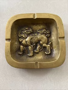 Vintage Brass Feng Shui Foo Dog Guardian Ashtray Asian 6"X6" - Picture 1 of 6