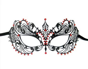 BLACK LASER CUT Venetian Masquerade Costume Fancy Red Crystals wedding Mask - Picture 1 of 2