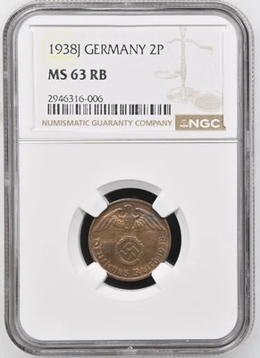 Germany 1938 J 2 Reichspfennig, KM#90, NGC MS63 RB - Image 1 of 2