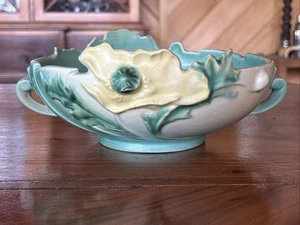 Vintage Roseville Green Poppy Flower Bowl Centerpiece - Picture 1 of 11