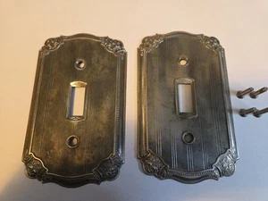 1926 Ornate 2 Switch Plate Outlet Metal Cover Silver Tone Fancy & Screws DL Auld - Picture 1 of 9