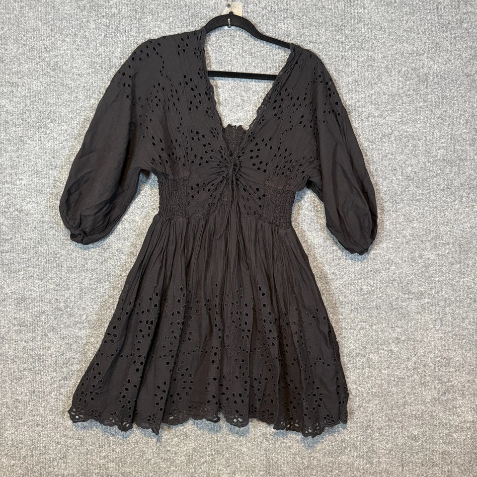Free People Dress Womens Medium Black Eyelet Lace Dress Boho Mini - Image 1 of 4