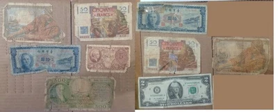 World Currency Banknotes 9 Damaged Torn Taped Awful Notes Europe Asia New World - Image 1 of 4