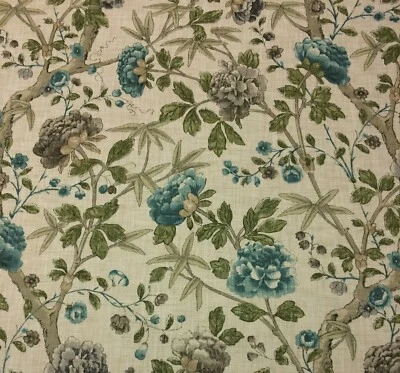 BALLARD DESIGNS HEIDI BLUE JACOBEAN FLORAL LINEN LIKE FABRIC BY THE YARD 54"W - Image 1 of 4