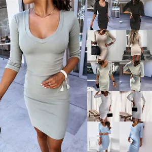 Womens Ribbed Jumper Dress Lady Slim Fit Long Sleeve Party Bodycon Mini Dresses - Picture 1 of 20