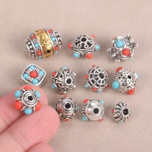 5pcs Nepalese Buddhist Tibetan Silver Color Red Blue Dots Loose Beads DIY Lot - Picture 1 of 12