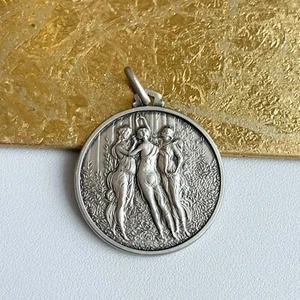 Sterling Silver Solid Greek Three Graces Matte Medal Pendant Byzantine 30mm - Picture 1 of 7