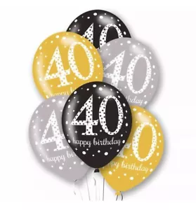 Age 40 Party Balloons Black Silver & Gold Latex 40th Birthday Decorations 15 Pc - Picture 1 of 3
