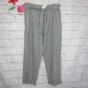 LOFT Gray Striped Paperbag Belted Pull On Linen Blend Pants size L New! - Picture 1 of 10