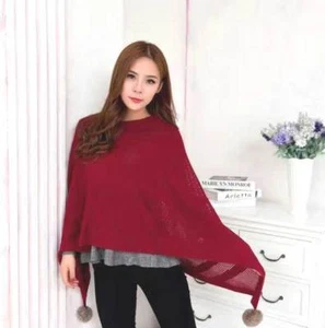 Womens Poncho Stole Cape Shrug Wrap Shawl Jacket Jumper Sweater Pom Pom 6-16 Top - Picture 1 of 40