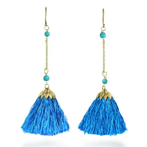 Dangling Blue Tassels on Brass Chain with Turquoise Bead Accent Earrings - Picture 1 of 4