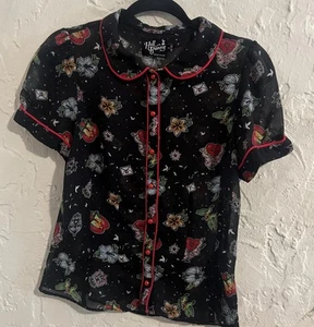 Hell Bunny Lovebird Retro Rockabilly Sheer Tattoo Print Blouse Black Small - Picture 1 of 5