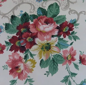 Vintage WALLPAPER c1940s PINK ROSE Bouquets + Scrolls CREAM Background * 3+ Yds - Picture 1 of 8