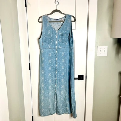 Vtg Erika & Co Denim Chambray Embroidered Floral Button Front Midi Jumper Dress - Image 1 of 4