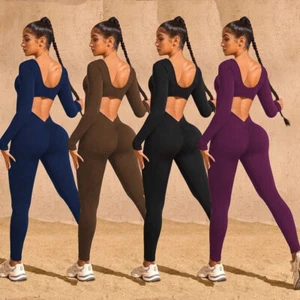 Damen Langarm Jumpsuits Sexy V Rücken Workout Bodys Scrunch Po Strampler - Bild 1 von 18