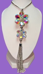 AWESOME NECKLACE! Sparkly AB Crystal ~ Betsey Johnson ~ Double Flower & Chains - Picture 1 of 22