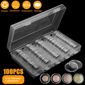 100 Pcs 25mm Coin Storage Box Clear Round Capsules Holder For US Quarter Dollar - Picture 1 of 6