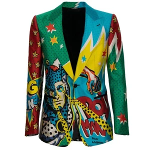 DOLCE & GABBANA DG Logo Star Comics King Dupioni Silk Blazer Jacket Green Blue - Picture 1 of 8