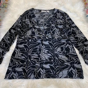 Chicos Travelers Slinky Knit Top Womens Size 2 Large Black Gray Abstract Floral - Picture 1 of 6