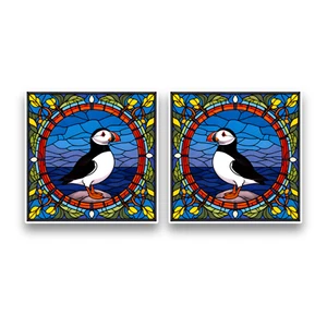 2x Small Puffin Bird Stained Glass Opaque Square Vinyl Sticker Decals 60mm - Bild 1 von 1