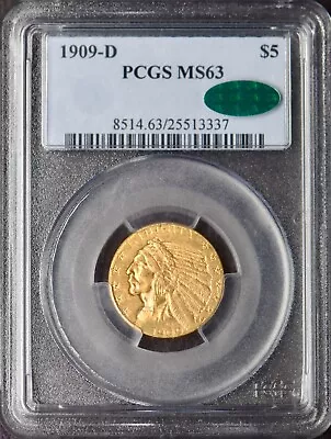 1909-D $5 Gold Indian Head Half Eagle - PCGS & CAC MS63 - ✪COINGIANTS✪ - Image 1 of 2