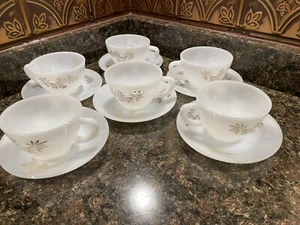 Vintage Set of 6 Federal Glass Golden Glory Milk Glass Cups & Saucers 60's - Picture 1 of 14