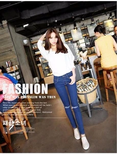Pants Women Blue Denim Stretch Slim Skinny Ankle Hole High Waist Jeans 26 - Picture 1 of 5