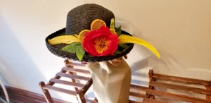 Black straw hat summer lemon zest yellow feathers 30's Victorian style Easter - Picture 1 of 5