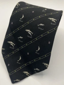 C. Valentino 100% Silk Men’s Neck Tie Black w/ Embroidered Dolphins Animal Zoo - Picture 1 of 7