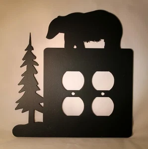 BEAR and Tree Double Wall Plug Cover Plate Rustic Cabin Decor Plasma Metal Art - Picture 1 of 3