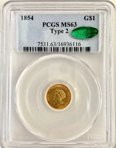 1854 G$1 PCGS MS 63 Type 2 CAC Cover