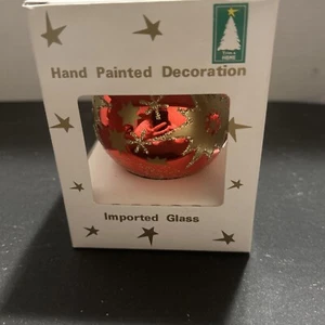 Ornamento palla in vetro rosso VINTAGE dipinto a mano in CECOSLOVACCHIA STARBURST in oro - Foto 1 di 9