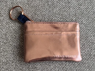 STARBUCKS GOLD COPPER ZIPPED CHANGE PURSE 4”x 3” KEY CHAIN KEYCHAIN POUCH ZIPPER - Image 1 of 4