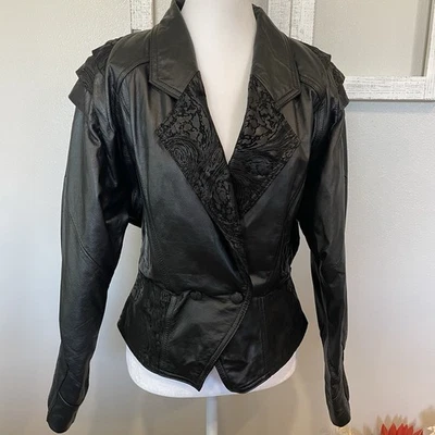 Винтажная женская кожаная куртка Chia с черной подкладкой наплечные подушечки с зауженной талией - Изображение 1 из 4