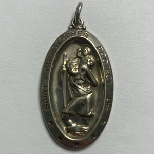 VTG STERLING SILVER SAINT CHRISTOPHER PROTECTS US RELIGIOUS MEDAL PENDANT 1 5/8  - Picture 1 of 3
