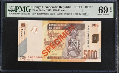 Congo 5000 Francs 2013 P 102 bs SPECIMEN Superb Gem UNC PMG 69 EPQ - Image 1 of 4