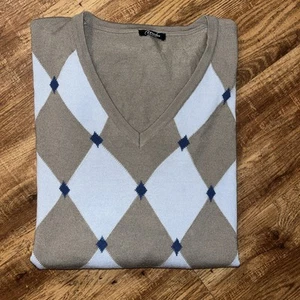 Men’s Marbas Tan/blue Plaid Merino Wool Extra Fine V-neck Sweater L - Picture 1 of 5