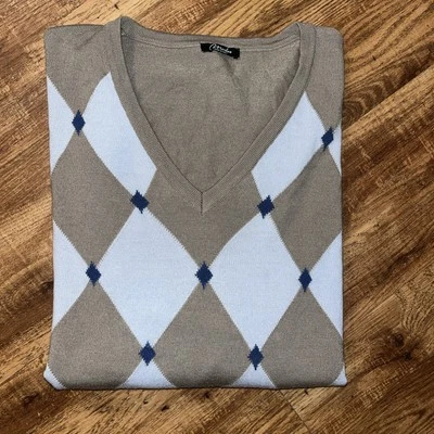 Men’s Marbas Tan/blue Plaid Merino Wool Extra Fine V-neck Sweater L - Image 1 of 4